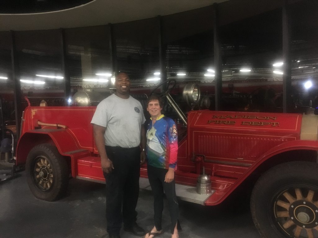 Fred--a firefighter--and myself in front of their show truck.